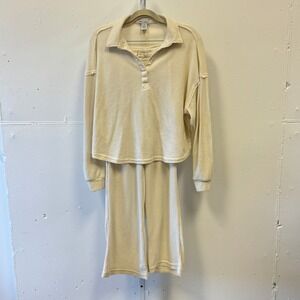 Better Together Cream Waffle Knit Lounge Pajama Set Henley Top Wide Leg Pants XS